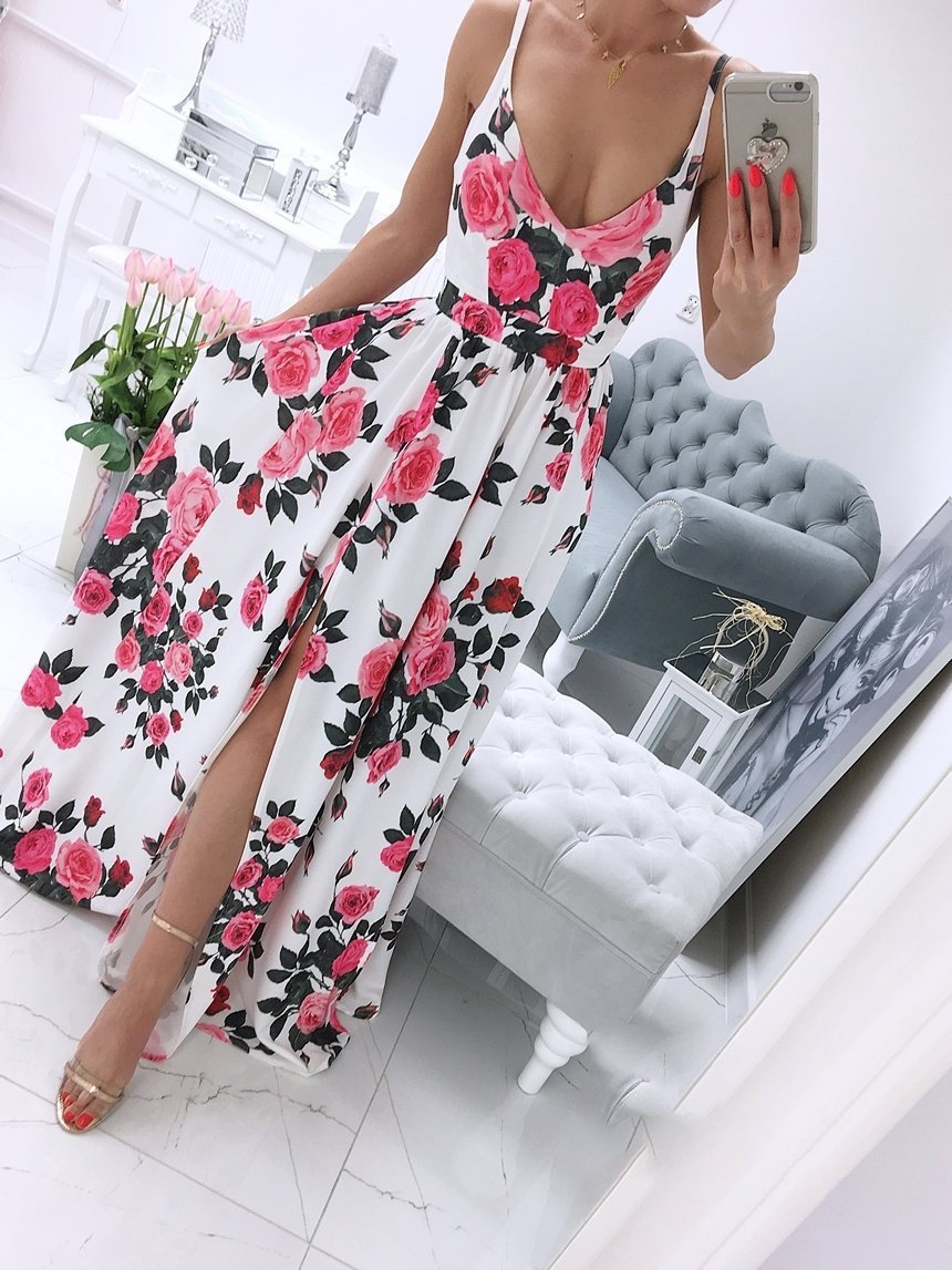 Printed Deep V-Neck Sleeveless Slit Dress - LuckyFash™