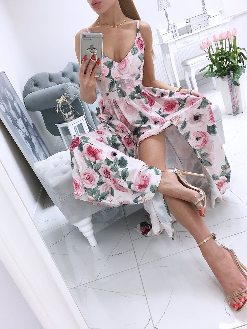 Printed Deep V-Neck Sleeveless Slit Dress - LuckyFash™