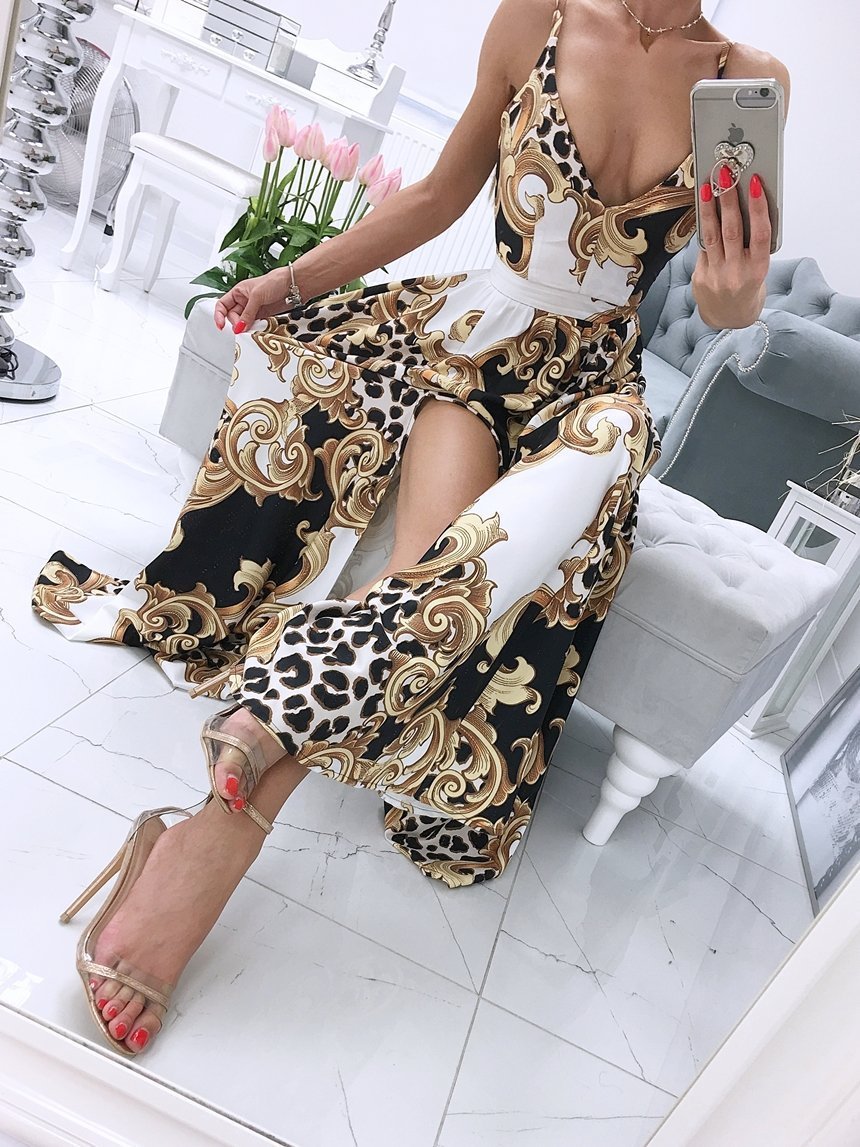 Printed Deep V-Neck Sleeveless Slit Dress - LuckyFash™