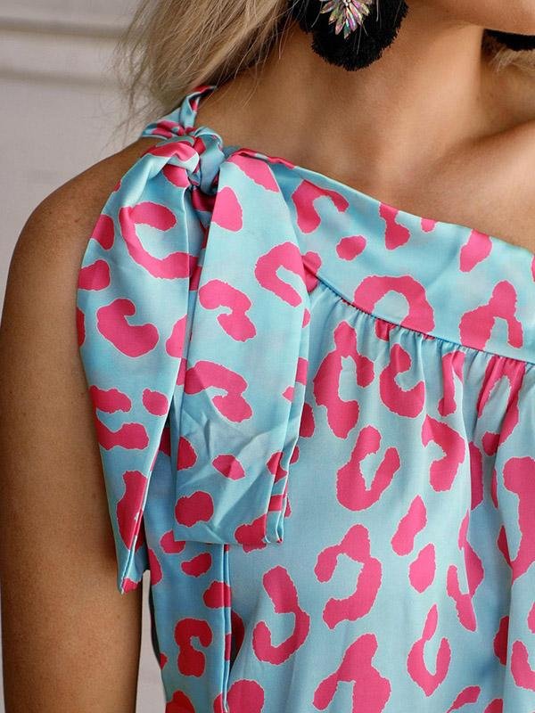 Printed Diagonal Collar Off The Shoulder Casual T-Shirts - LuckyFash™
