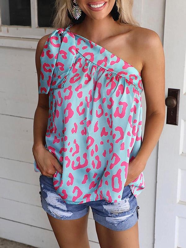 Printed Diagonal Collar Off The Shoulder Casual T-Shirts - LuckyFash™
