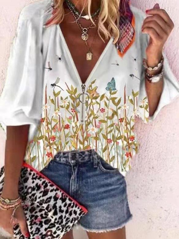 Printed Flowers Zipper Casual Ladies Blouse - LuckyFash™