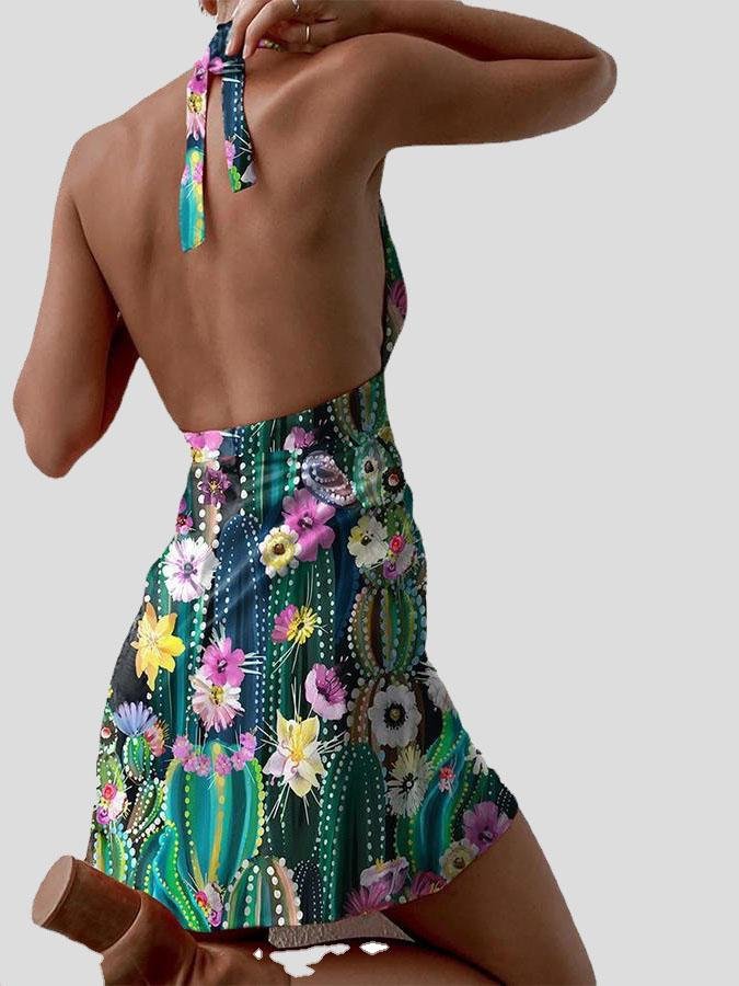 Printed Halter Bare Back Mini Dress - LuckyFash™