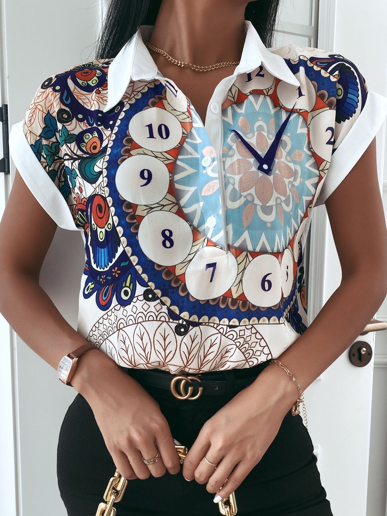Printed Lapel Chiffon Loose Short Sleeve Blouses - LuckyFash™