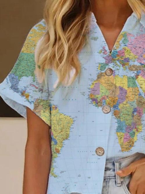 Printed Lapel Short Sleeve Loose Casual Blouses - LuckyFash™