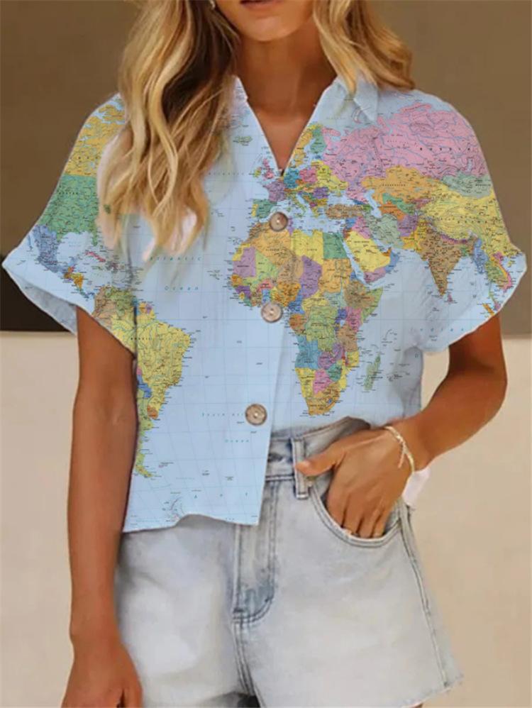 Printed Lapel Short Sleeve Loose Casual Blouses - LuckyFash™