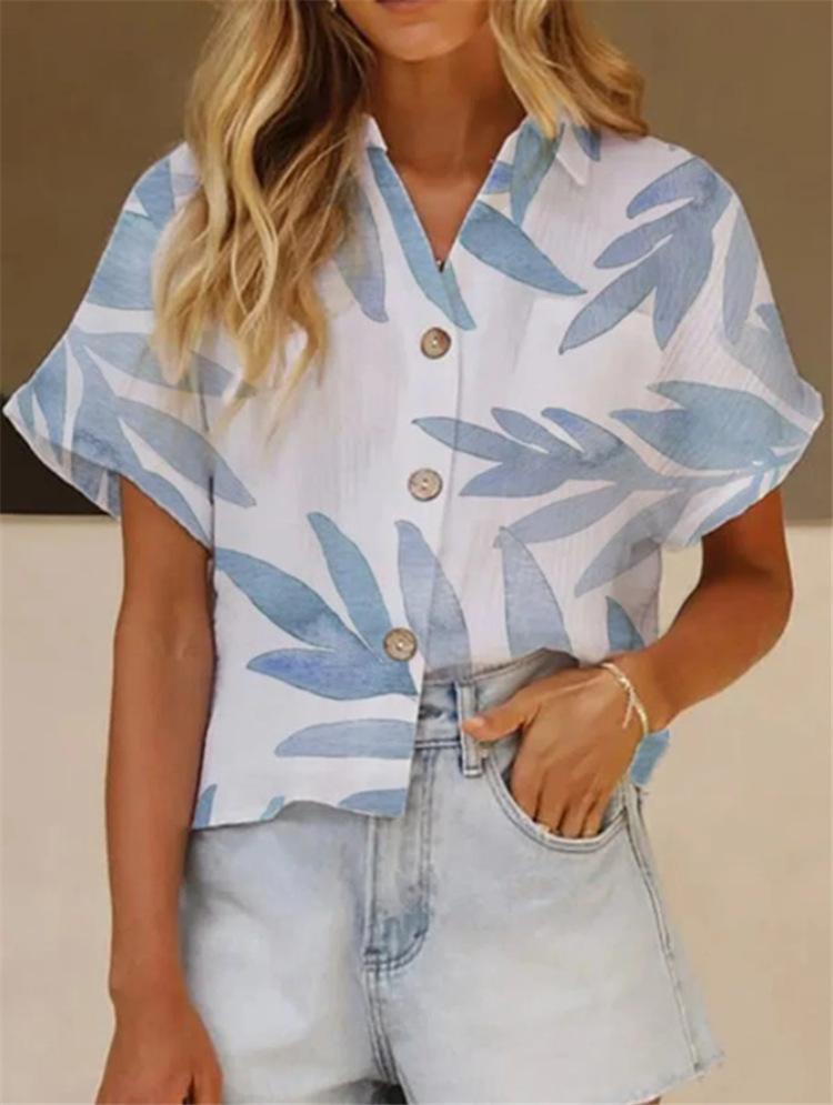 Printed Lapel Short Sleeve Loose Casual Blouses - LuckyFash™