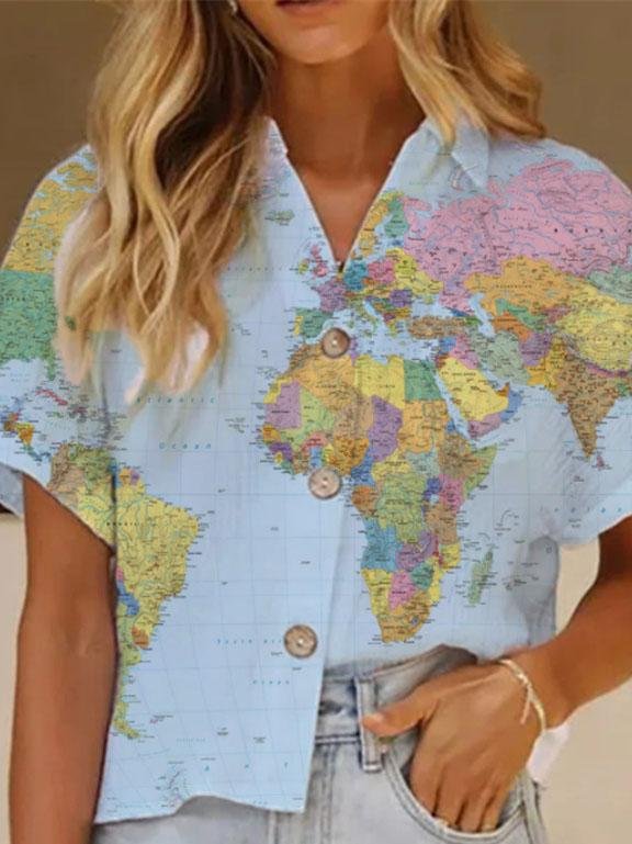 Printed Lapel Short Sleeve Loose Casual Blouses - LuckyFash™