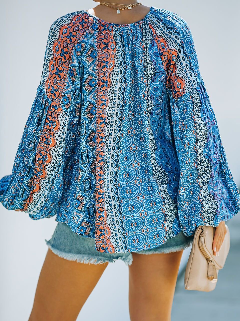 Printed Long-sleeved V-neck Lantern Sleeves Loose Blouse - LuckyFash™