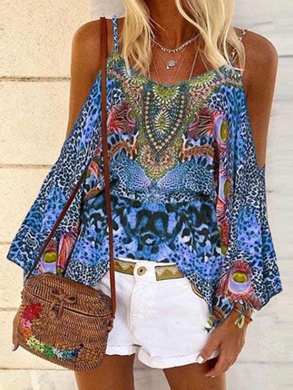 Printed Loose Strapless Long Sleeve Off Shoulder Shirt - LuckyFash™