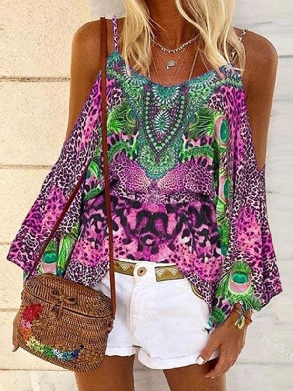 Printed Loose Strapless Long Sleeve Off Shoulder Shirt - LuckyFash™