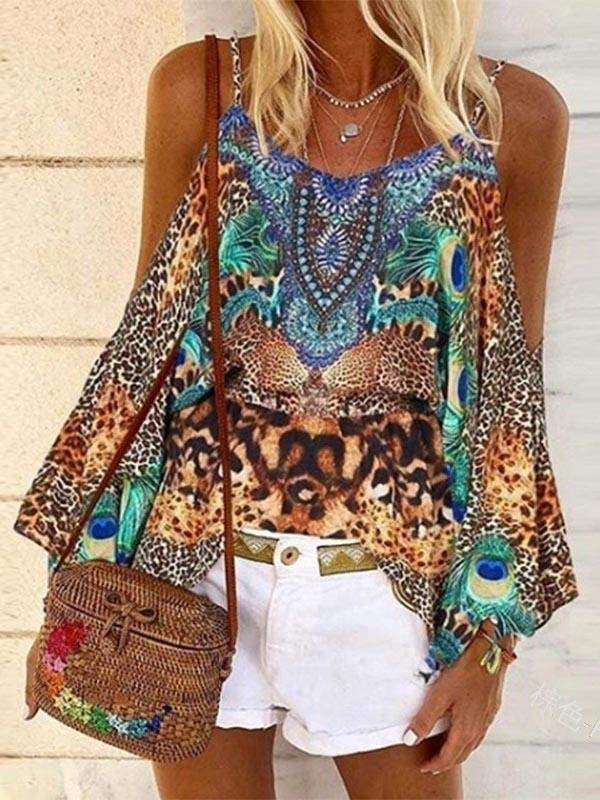 Printed Loose Strapless Long Sleeve Off Shoulder Shirt - LuckyFash™