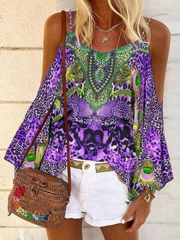 Printed Loose Strapless Long Sleeve Off Shoulder Shirt - LuckyFash™
