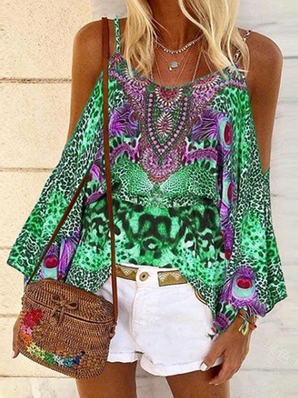 Printed Loose Strapless Long Sleeve Off Shoulder Shirt - LuckyFash™