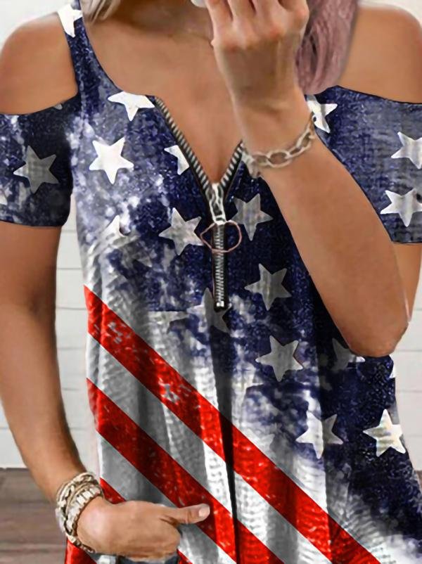 Printed Off Shoulder Zipper Short Sleeves T-Shirt - LuckyFash™