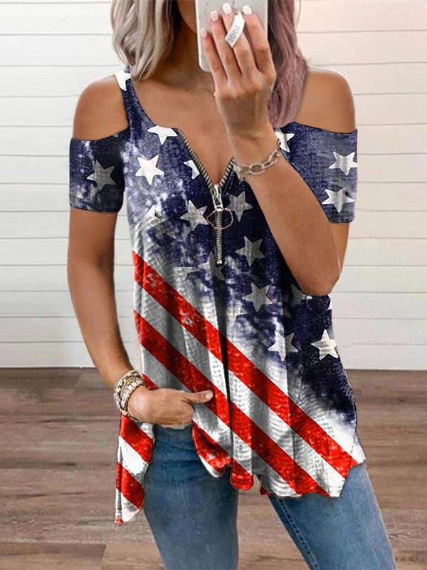 Printed Off Shoulder Zipper Short Sleeves T-Shirt - LuckyFash™