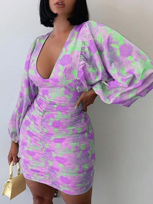 Printed V-Neck Long Sleeve Skinny Dress - LuckyFash™
