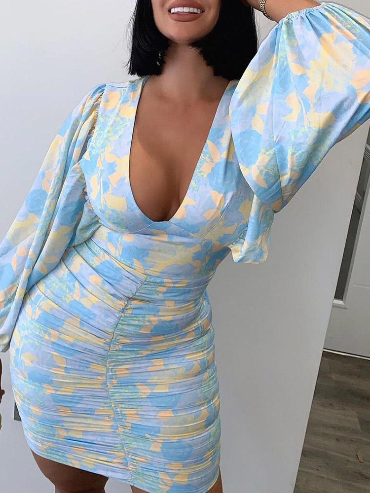 Printed V-Neck Long Sleeve Skinny Dress - LuckyFash™
