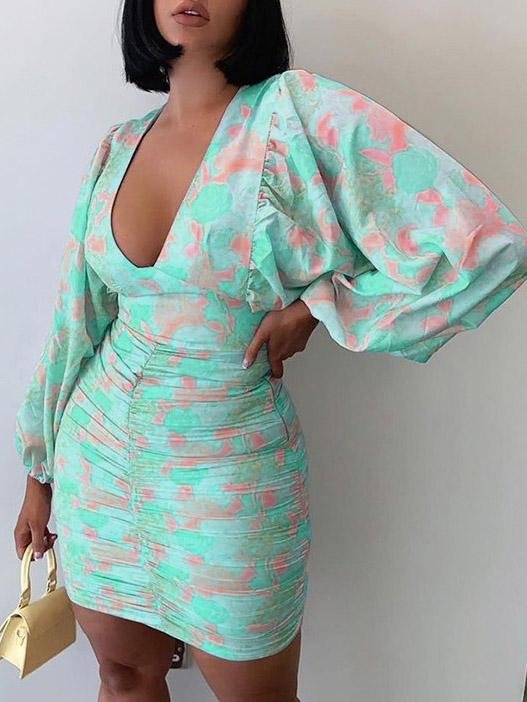 Printed V-Neck Long Sleeve Skinny Dress - LuckyFash™