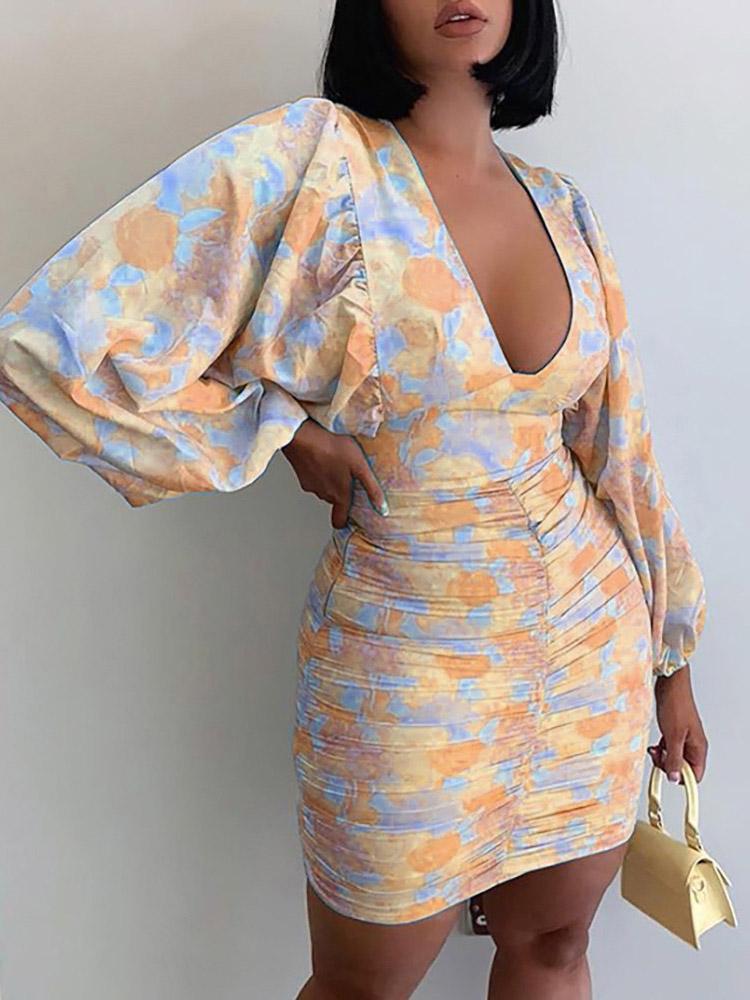 Printed V-Neck Long Sleeve Skinny Dress - LuckyFash™