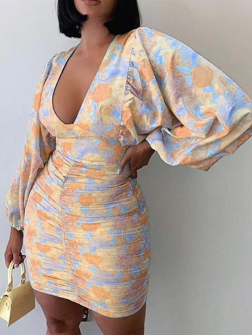 Printed V-Neck Long Sleeve Skinny Dress - LuckyFash™