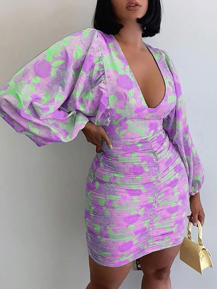 Printed V-Neck Long Sleeve Skinny Dress - LuckyFash™