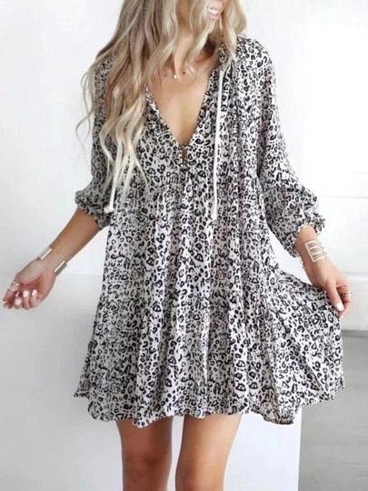Printed V-Neck Loose Long Sleeve Dress - LuckyFash™