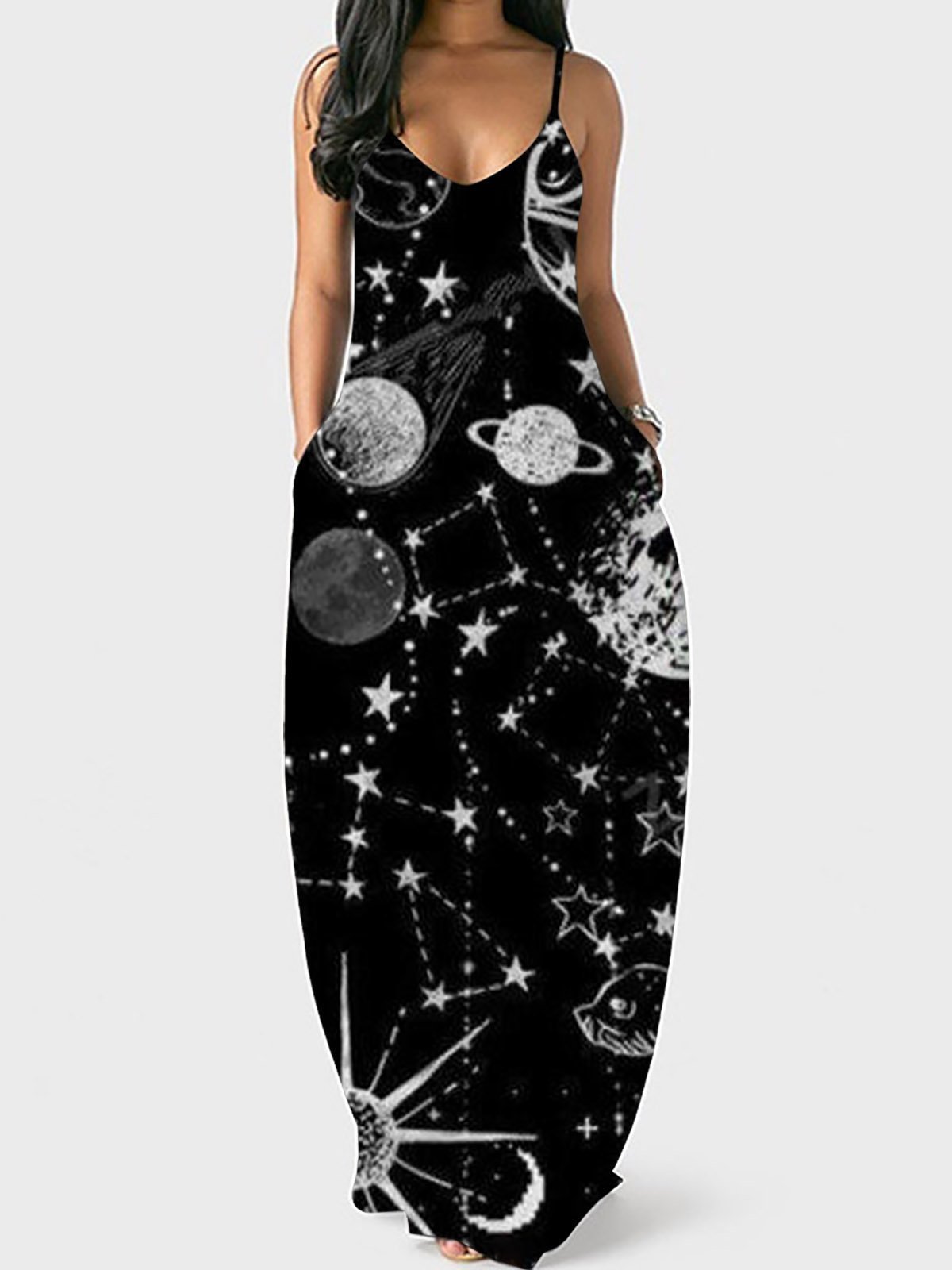 Printed V-neck Loose Strap Dress - LuckyFash™