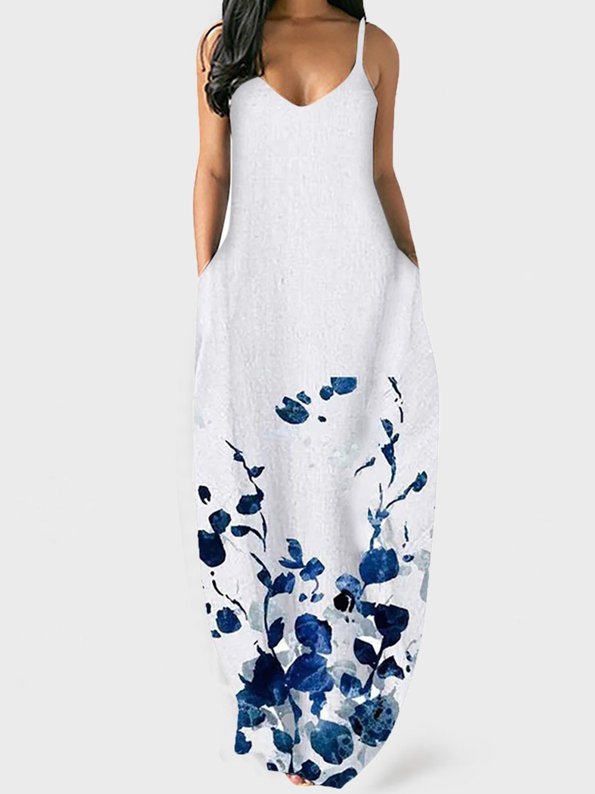 Printed V-neck Loose Strap Dress - LuckyFash™