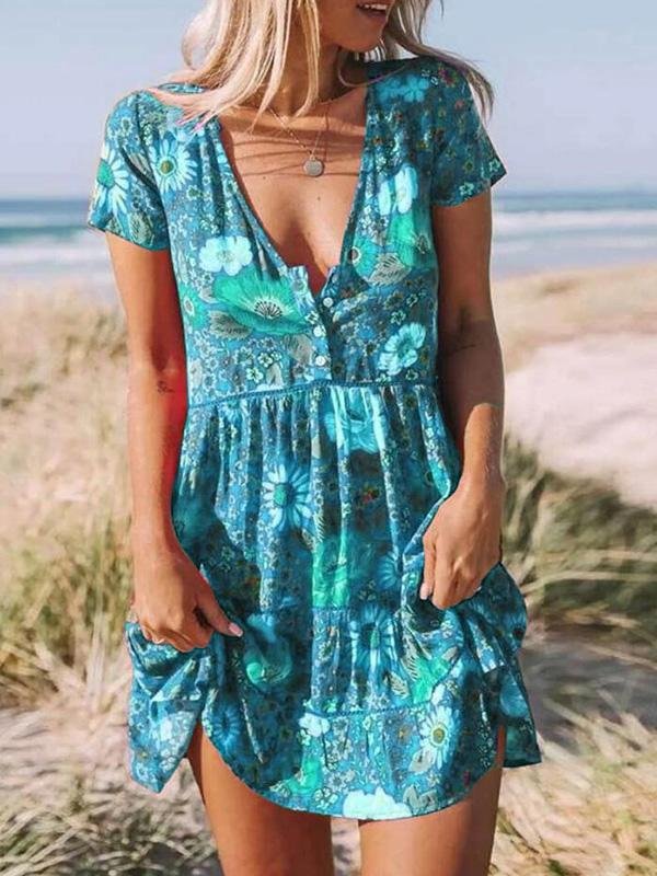 Printed V-Neck Short Sleeve Mini Dress - LuckyFash™