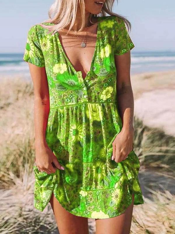 Printed V-Neck Short Sleeve Mini Dress - LuckyFash™