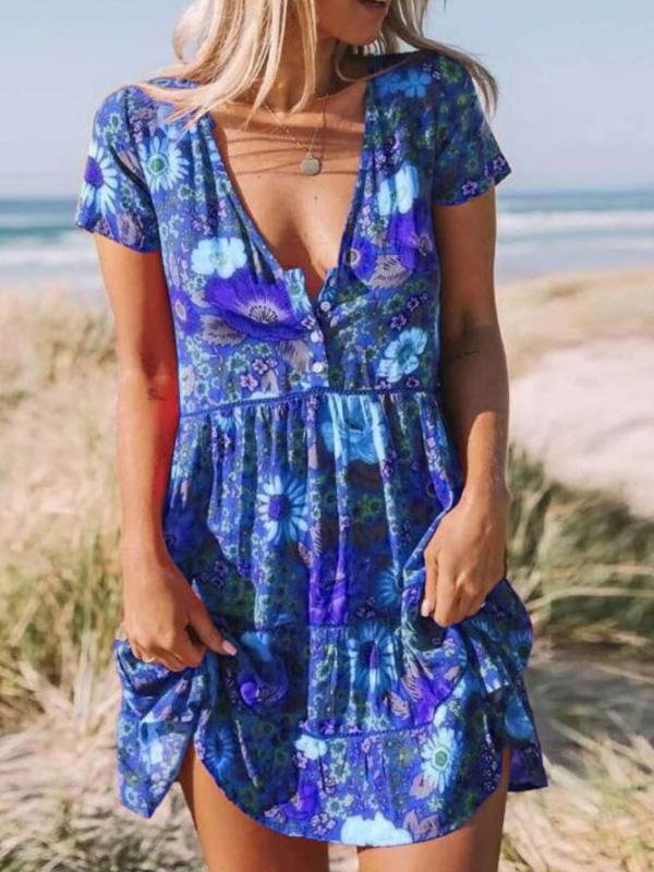 Printed V-Neck Short Sleeve Mini Dress - LuckyFash™