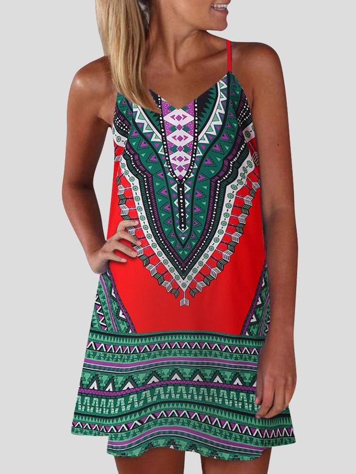 Printed V Neck Sleeveless Suspender Dress - LuckyFash™