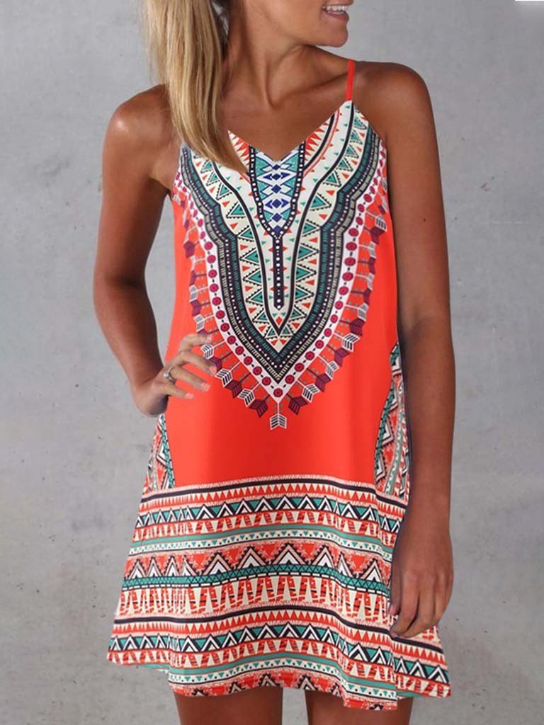 Printed V Neck Sleeveless Suspender Dress - LuckyFash™