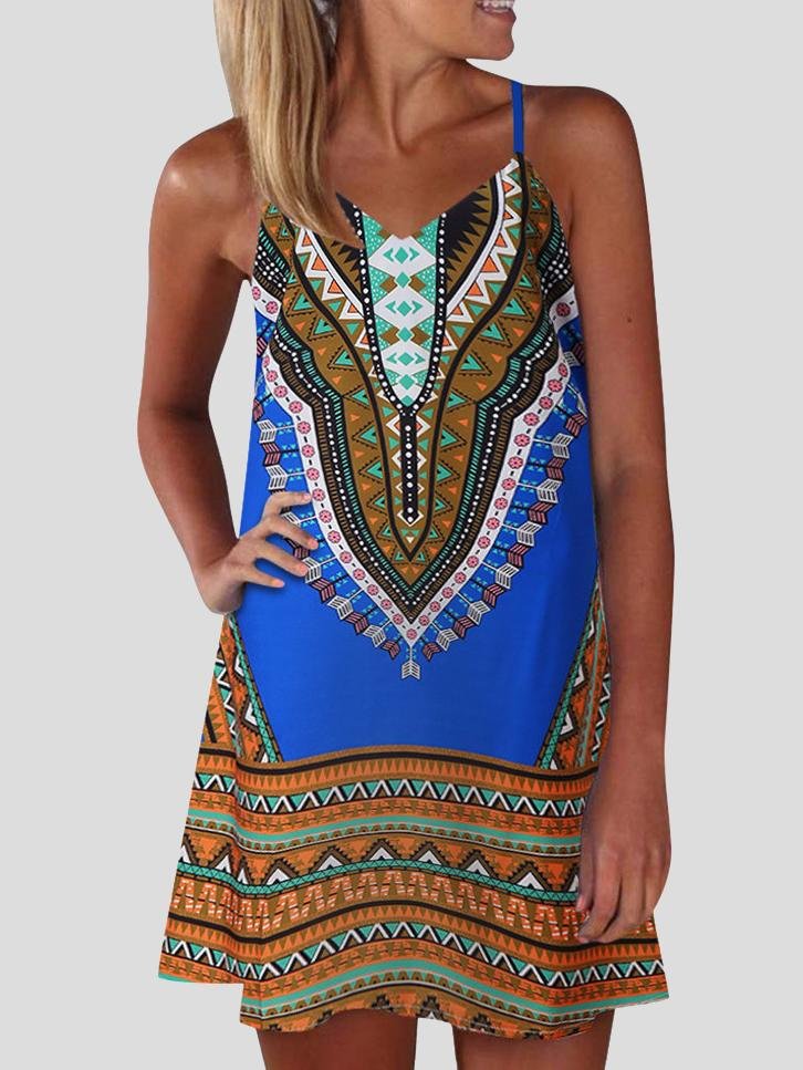 Printed V Neck Sleeveless Suspender Dress - LuckyFash™