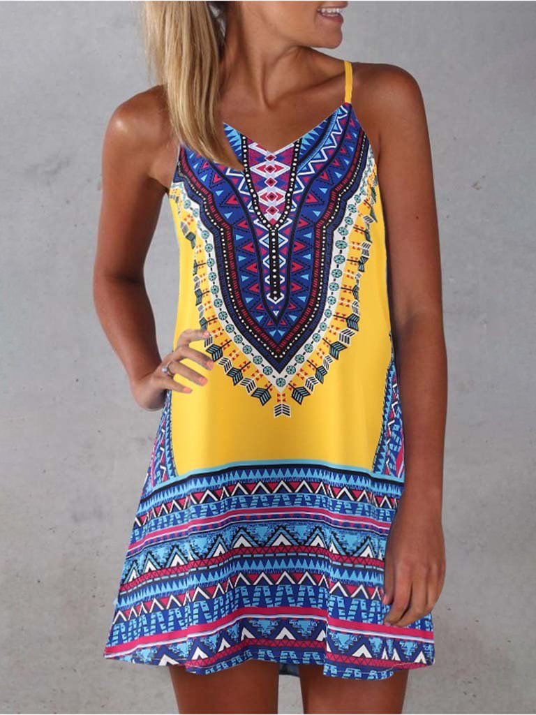 Printed V Neck Sleeveless Suspender Dress - LuckyFash™
