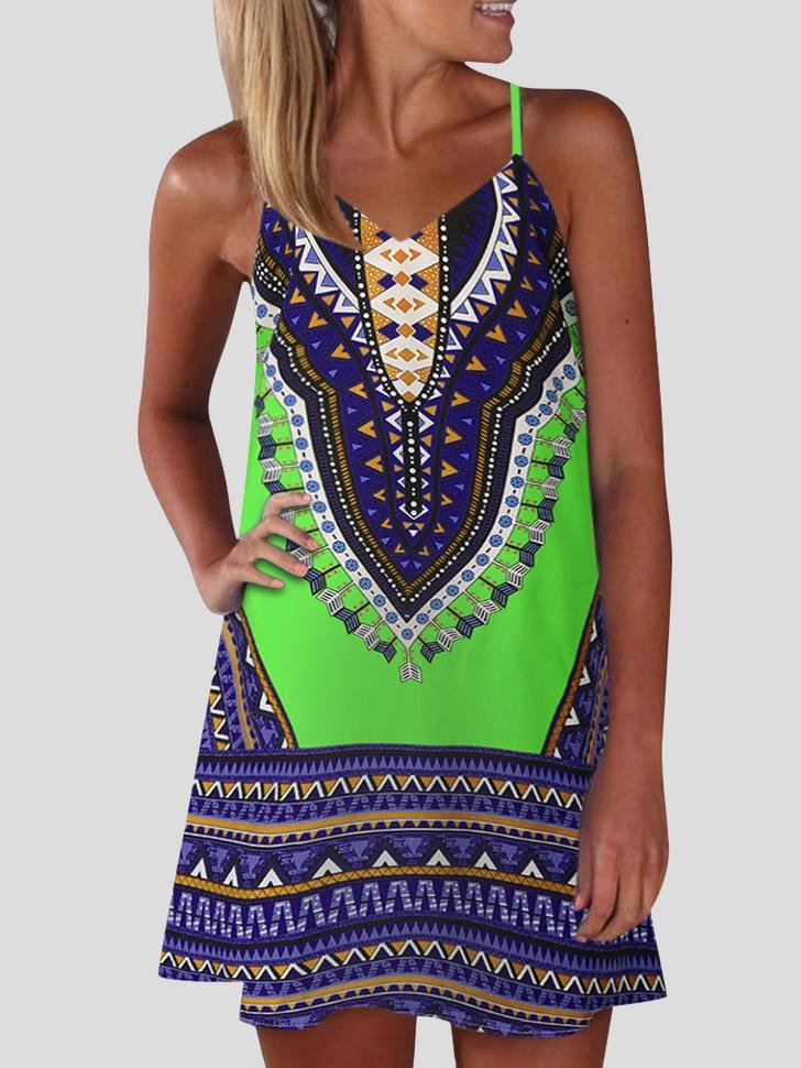 Printed V Neck Sleeveless Suspender Dress - LuckyFash™