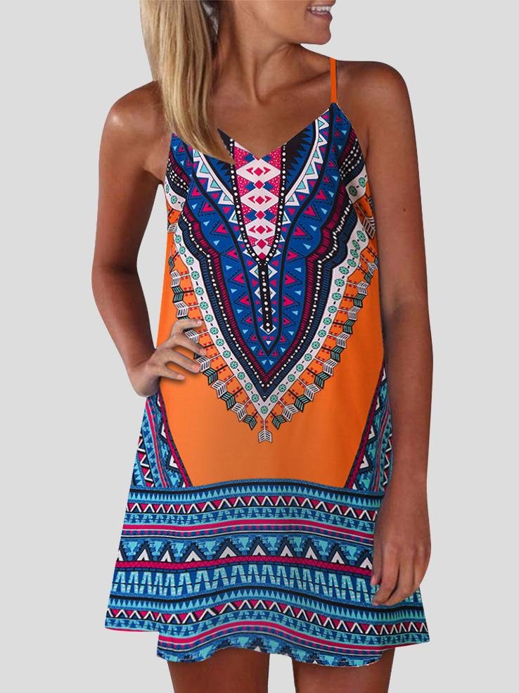 Printed V Neck Sleeveless Suspender Dress - LuckyFash™