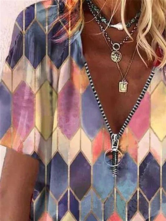 Printed Zipper Short Sleeve V-neck T-shirt - LuckyFash™