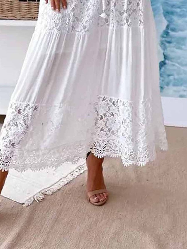 Women's Long Dress Maxi Dress White Dress Eyelet Sundress A Line Dress Plain Casual Classic Daily Holiday Vacation Lace Patchwork Half Sleeve Cold Shoulder Loose Fit White Summer Spring S M L XL XXL - LuckyFash™