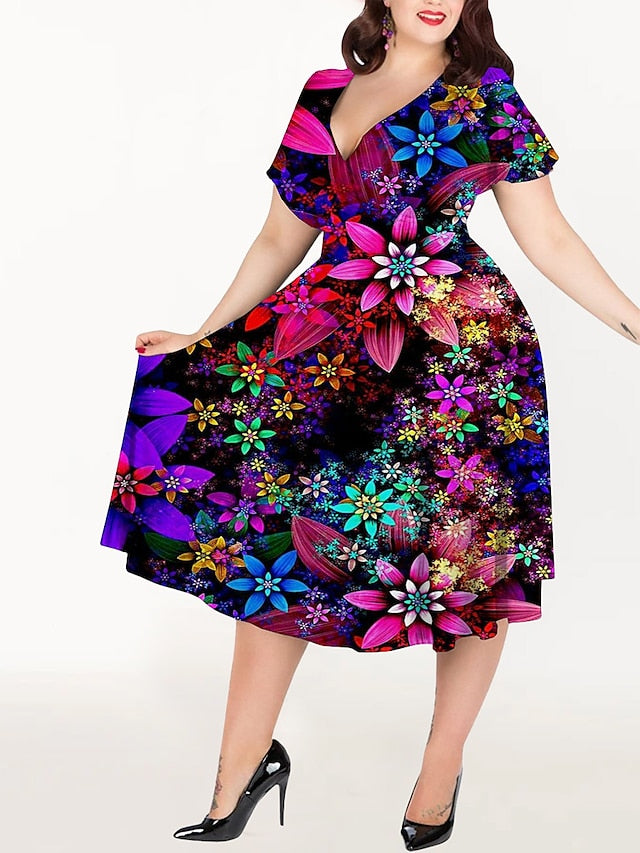 Women's Plus Size Casual Dress A Line Dress Floral Midi Dress Short Sleeve Print V Neck Elegant Holiday Multicolor Yellow Summer Spring L XL XXL 3XL 4XL - LuckyFash™