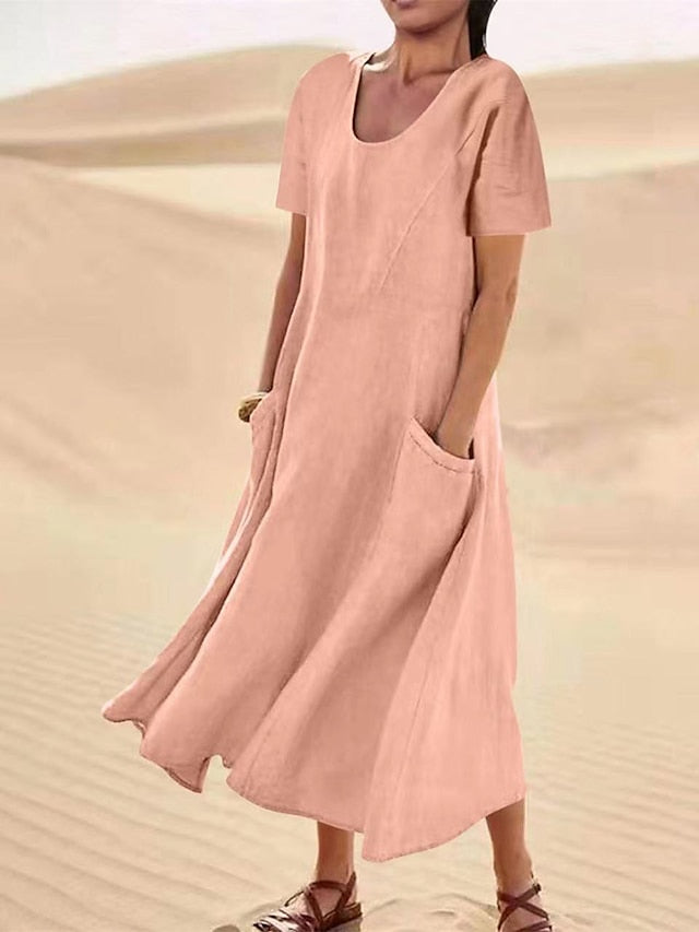 Cotton Linen Dress Casual Dress Swing Dress Maxi long Dress Linen Cotton Blend Fashion Classic Outdoor Daily Vacation Crew Neck Pocket Short Sleeve Summer Spring Loose Fit Black Pink Sky for Women - LuckyFash™