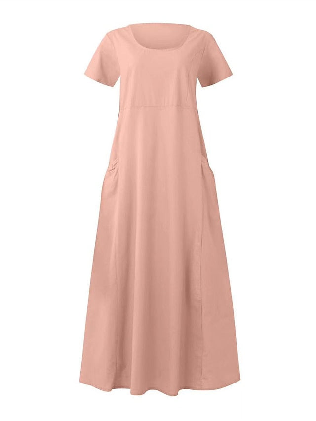Cotton Linen Dress Casual Dress Swing Dress Maxi long Dress Linen Cotton Blend Fashion Classic Outdoor Daily Vacation Crew Neck Pocket Short Sleeve Summer Spring Loose Fit Black Pink Sky for Women - LuckyFash™