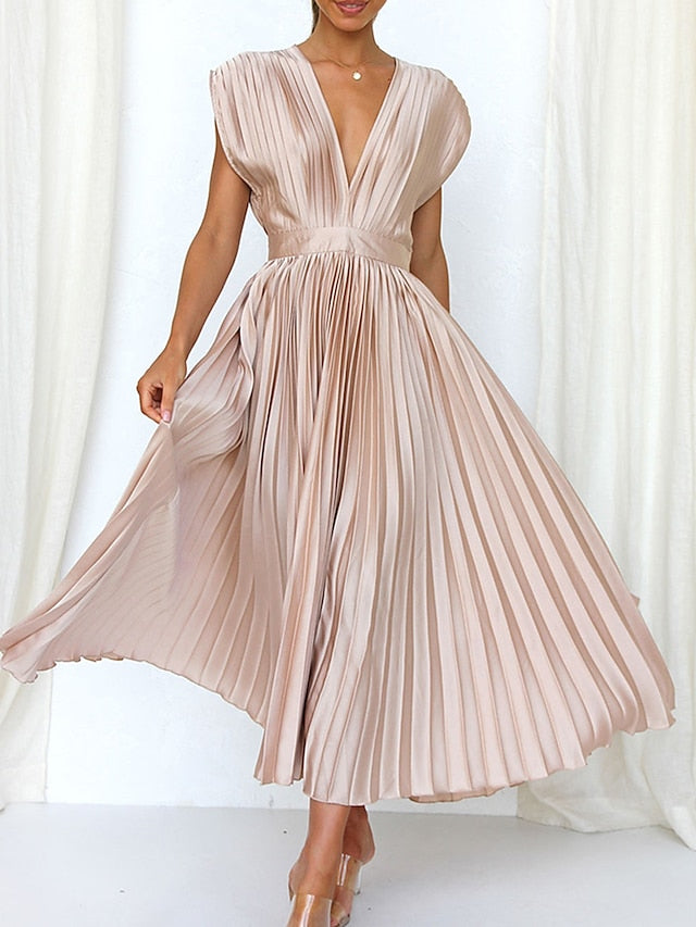 Women's Wedding Guest Dress Swing Dress Formal Dress Long Dress Maxi Dress Black Pink Red Sleeveless Pure Color Pleated Summer Spring Fall V Neck Party Evening Party Wedding Guest Vacation Loose Fit - LuckyFash™