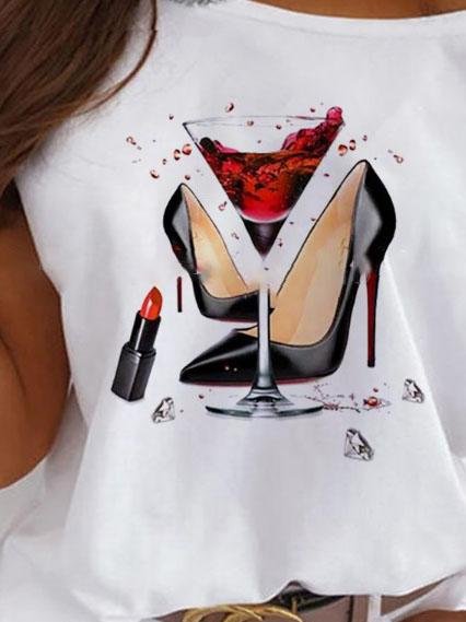 Red Wine High Heels Printed Short Sleeve T-shirt - LuckyFash™
