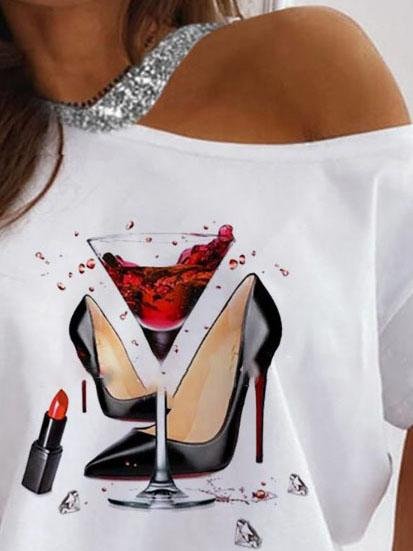 Red Wine High Heels Printed Short Sleeve T-shirt - LuckyFash™