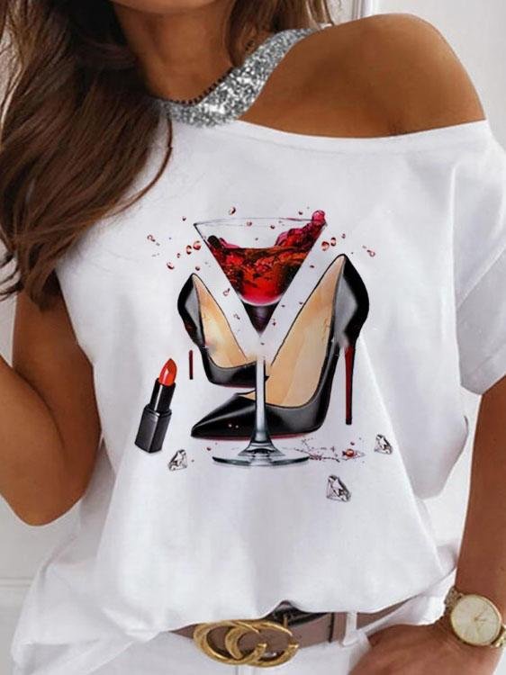 Red Wine High Heels Printed Short Sleeve T-shirt - LuckyFash™