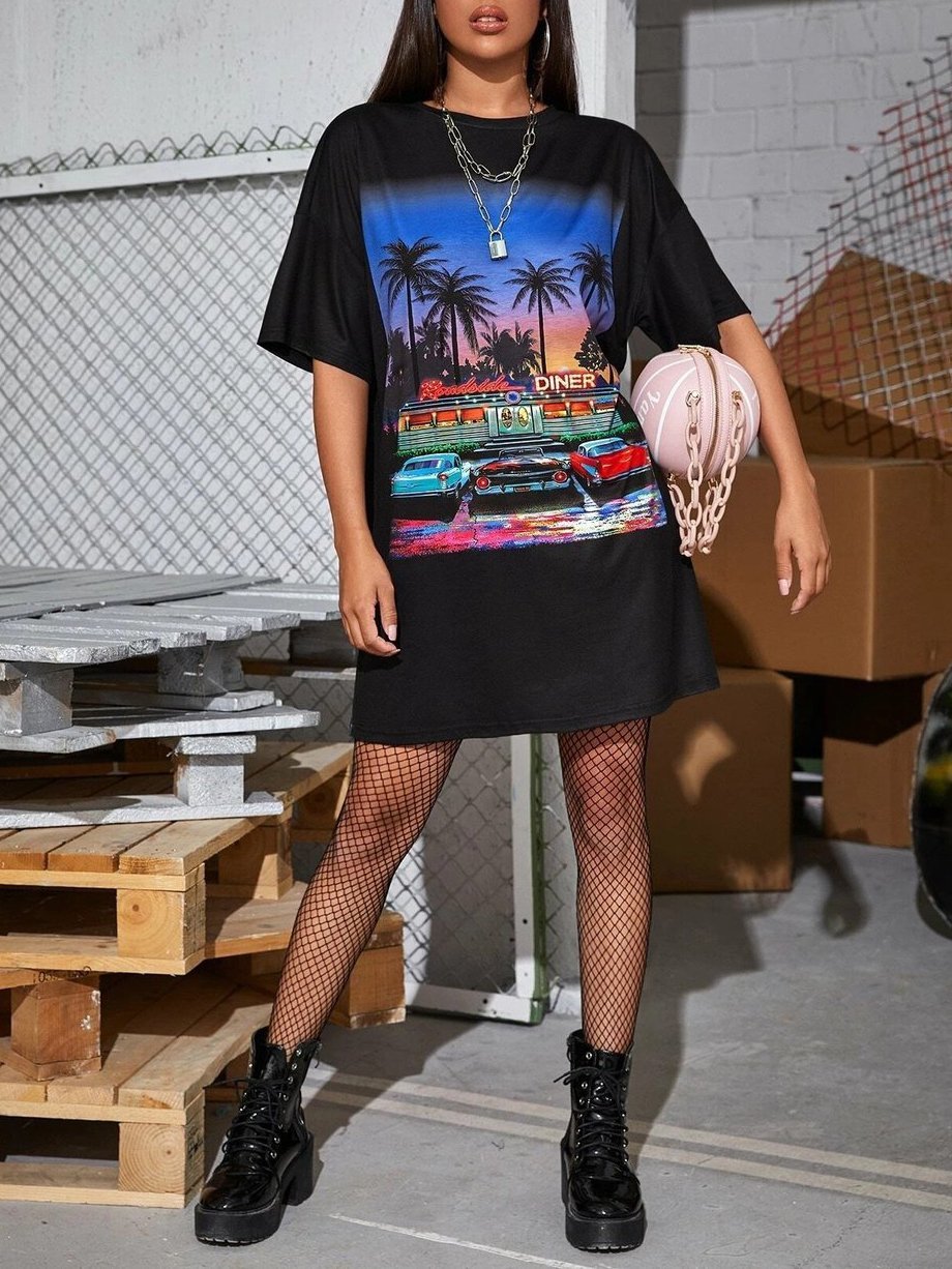 Retro Diner Graphic Mini T-Shirt Dress - LuckyFash™