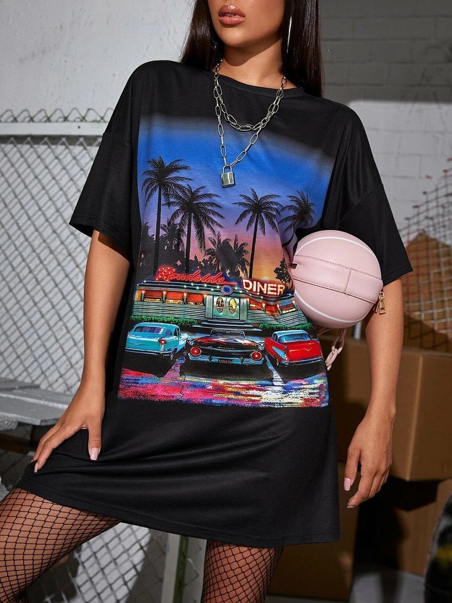 Retro Diner Graphic Mini T-Shirt Dress - LuckyFash™