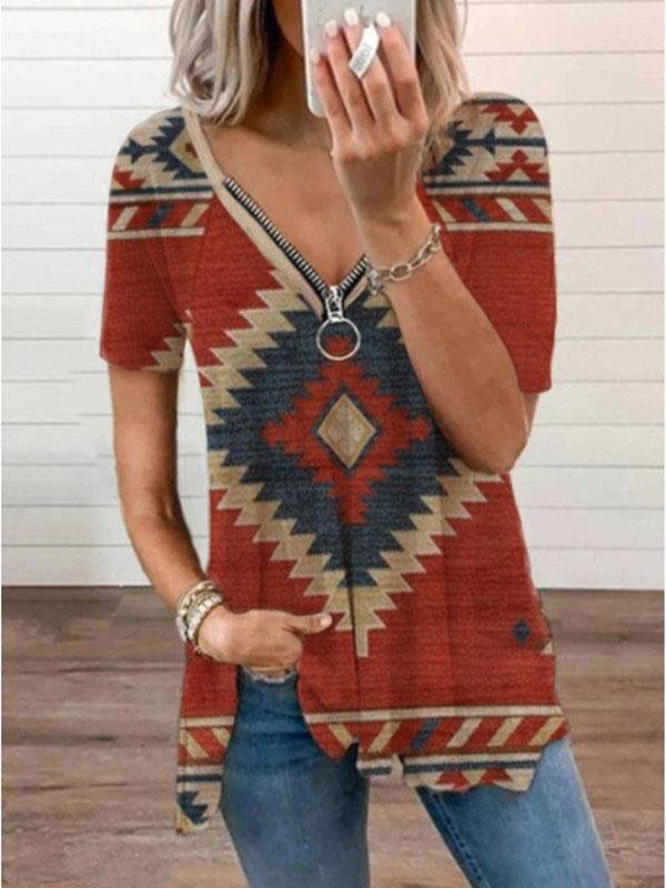 Retro Geometric Print V-neck Short Sleeve Zipper T-shirt - LuckyFash™